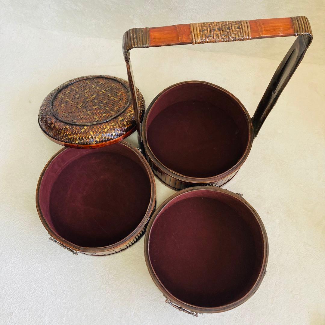 竹編み籠☆特大★茶籠☆煎茶 飾り 堤藍 三段籠 中国 農具　 　自然竹バスケット