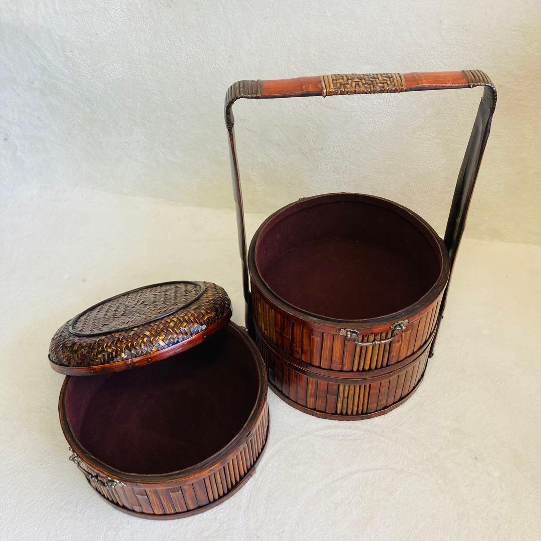 竹編み籠☆特大★茶籠☆煎茶 飾り 堤藍 三段籠 中国 農具　 　自然竹バスケット