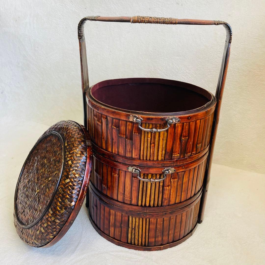 竹編み籠☆特大★茶籠☆煎茶 飾り 堤藍 三段籠 中国 農具　 　自然竹バスケット
