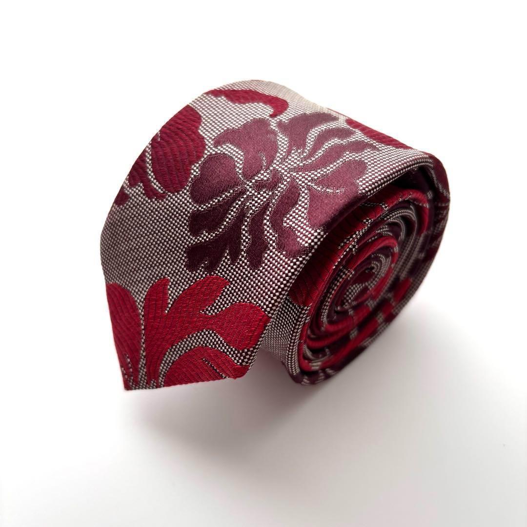 ꧁極美品꧂ エンポリオアルマーニ ネクタイ ナロータイ 花柄 シルバー レッド