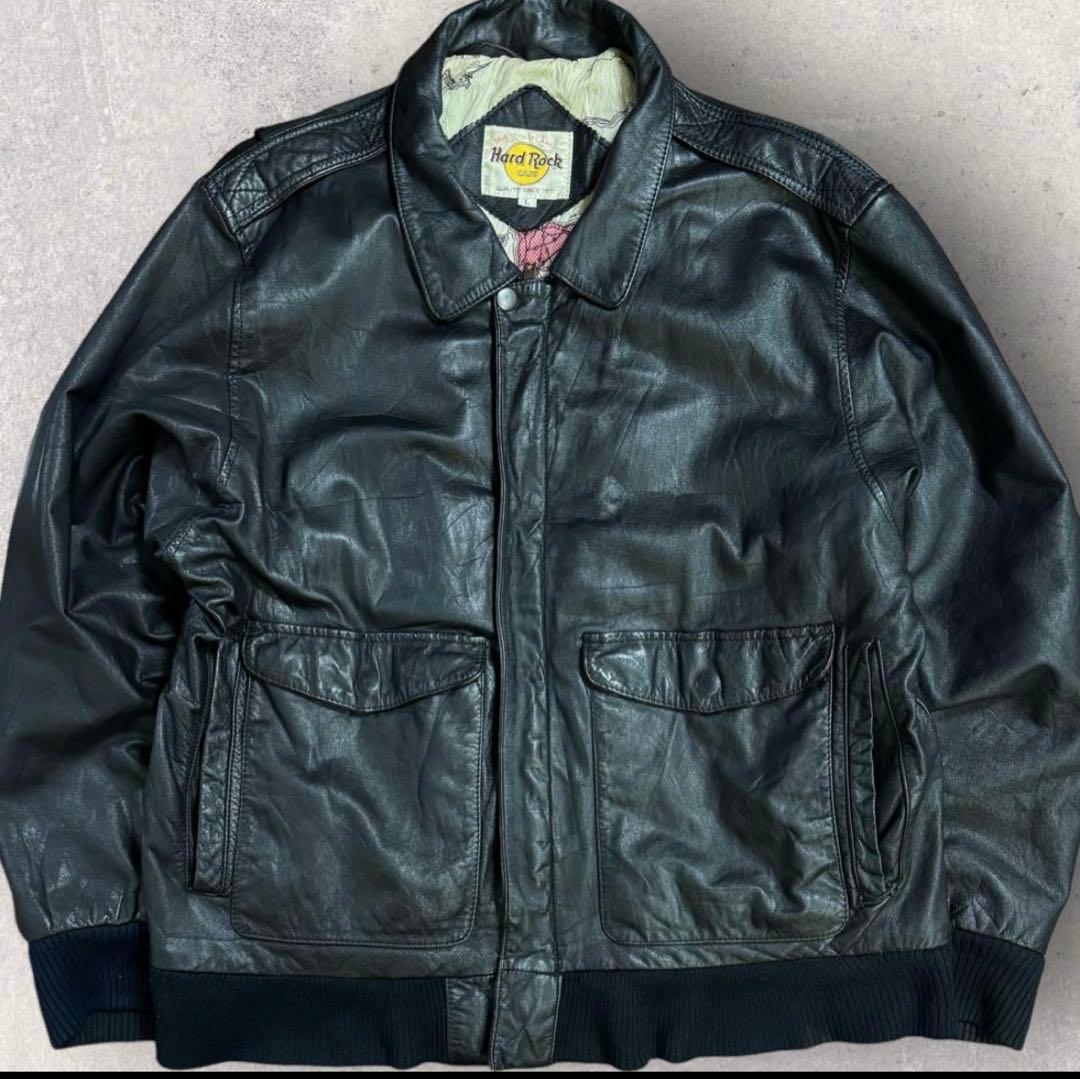 HARD ROCK バックロゴ A-2 レザージャケット 裏地総柄 ブラック L