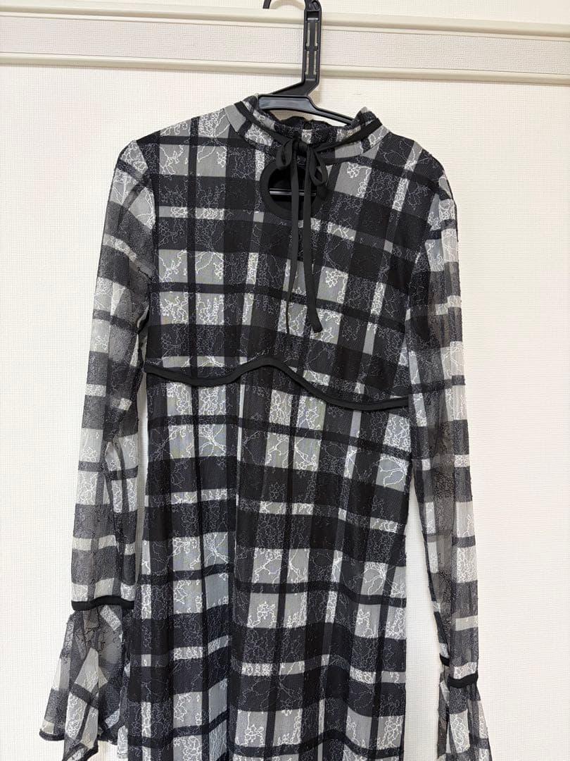 Darichパイピングチェックレースロングワンピース （ブラック）