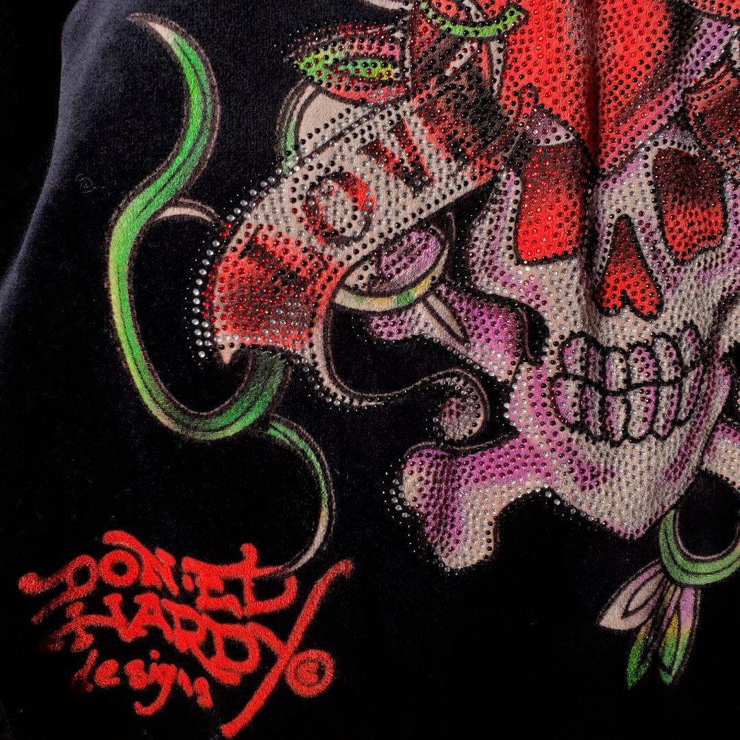 Ed Hardy ベロア ライトストーン 髑髏デザインパーカー 黒 L