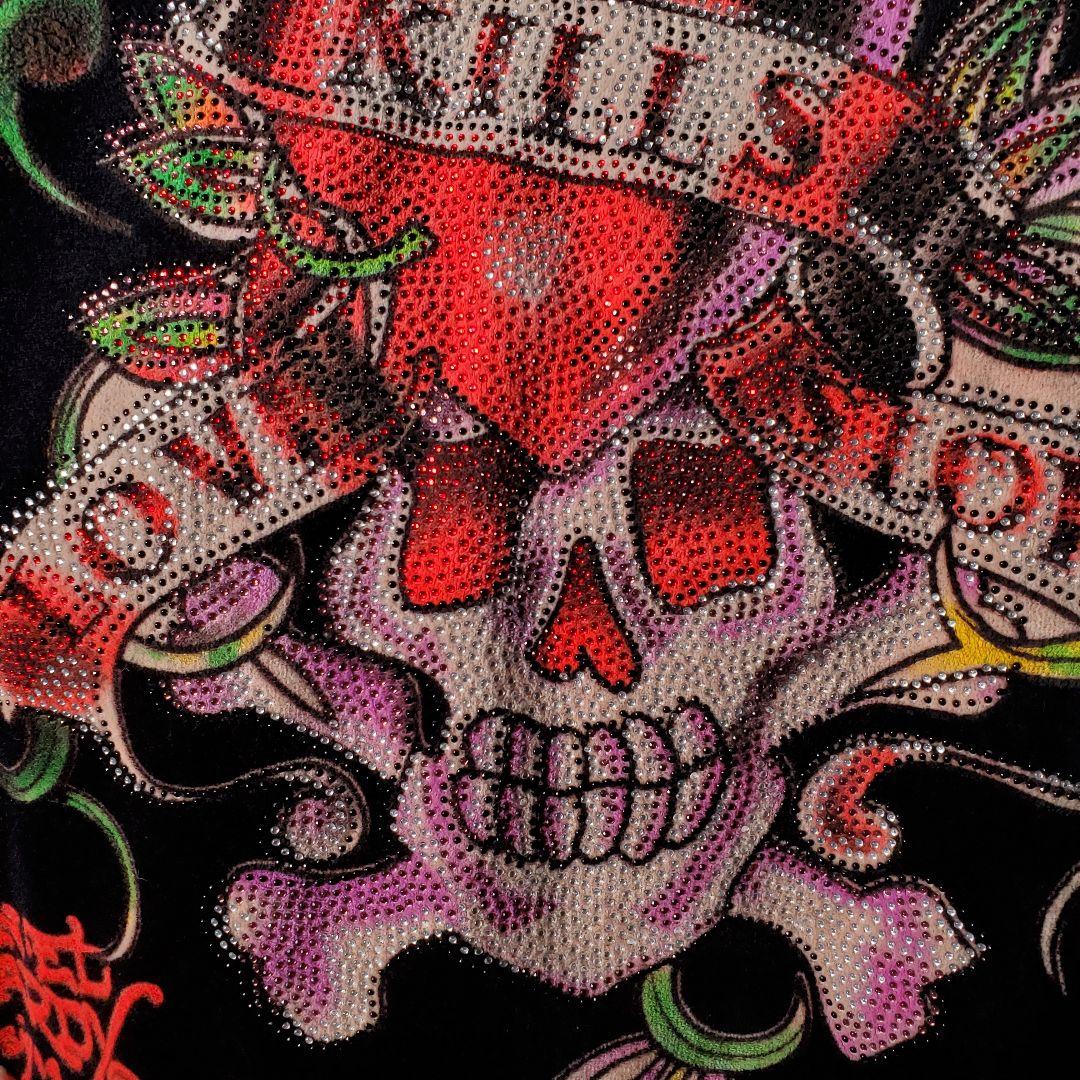 Ed Hardy ベロア ライトストーン 髑髏デザインパーカー 黒 L
