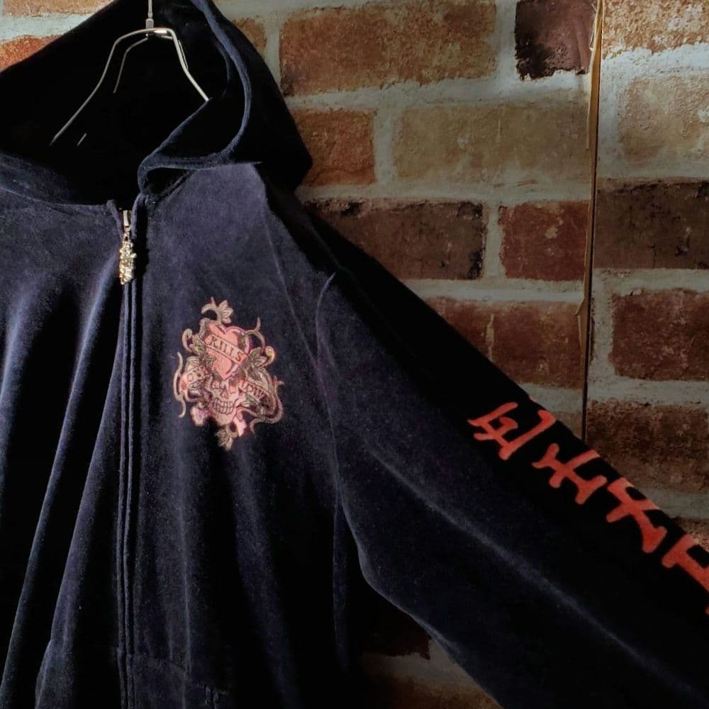 Ed Hardy ベロア ライトストーン 髑髏デザインパーカー 黒 L