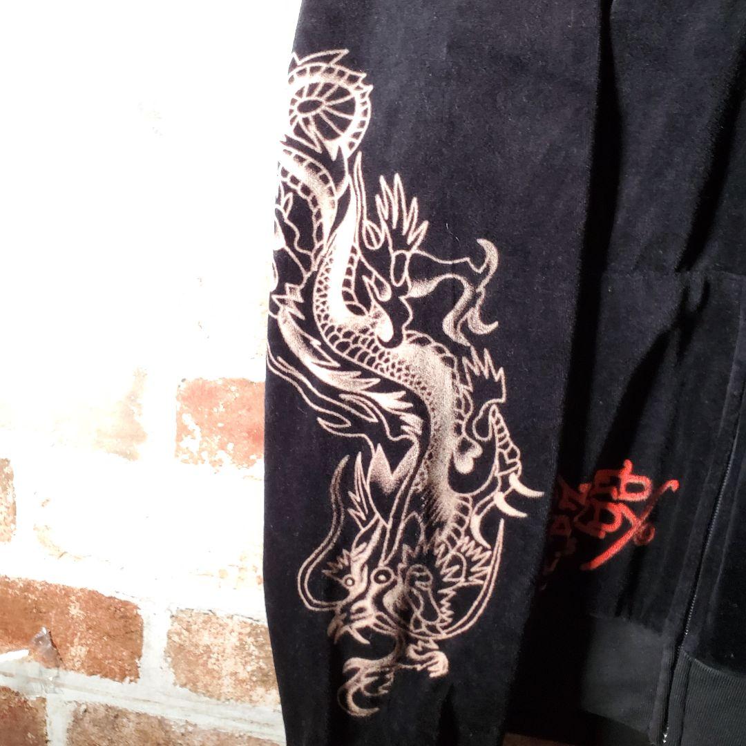 Ed Hardy ベロア ライトストーン 髑髏デザインパーカー 黒 L