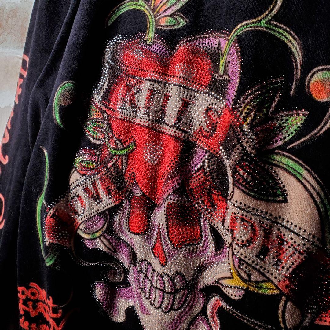 Ed Hardy ベロア ライトストーン 髑髏デザインパーカー 黒 L