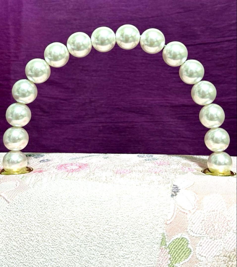 華三彩　和装バッグ＆草履セット　シルバー、淡いピンク　パール装飾　Lサイズ