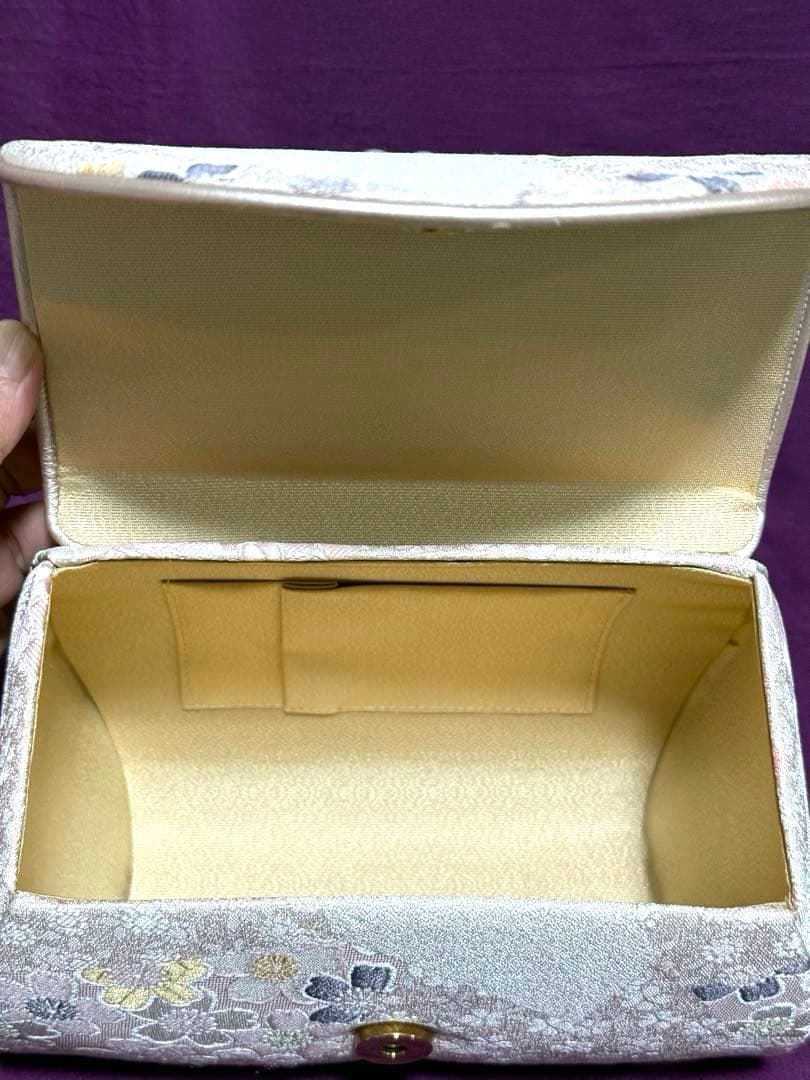 華三彩　和装バッグ＆草履セット　シルバー、淡いピンク　パール装飾　Lサイズ