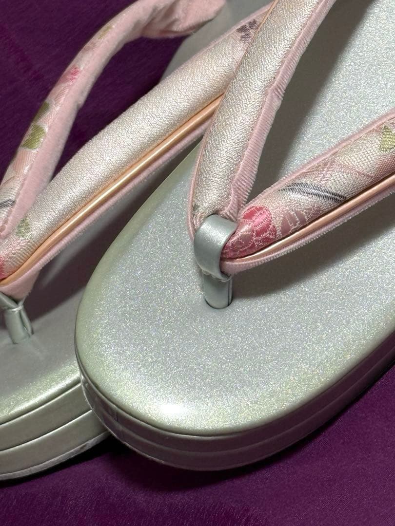 華三彩　和装バッグ＆草履セット　シルバー、淡いピンク　パール装飾　Lサイズ