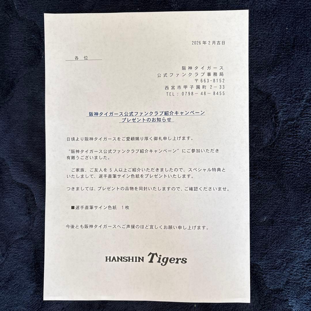 阪神タイガース ファンクラブ紹介キャンペーン 佐藤輝明 直筆サイン