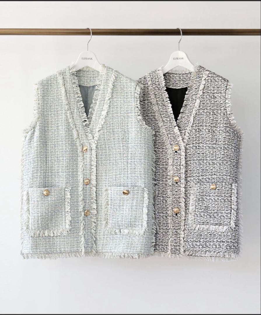 ELFRANKツイードフリンジベスト グレーとホワイト