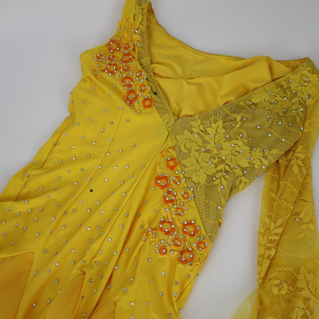 【美品 社交ダンス衣装】豪華ラインストーン×イエロー ドレス チョーカー