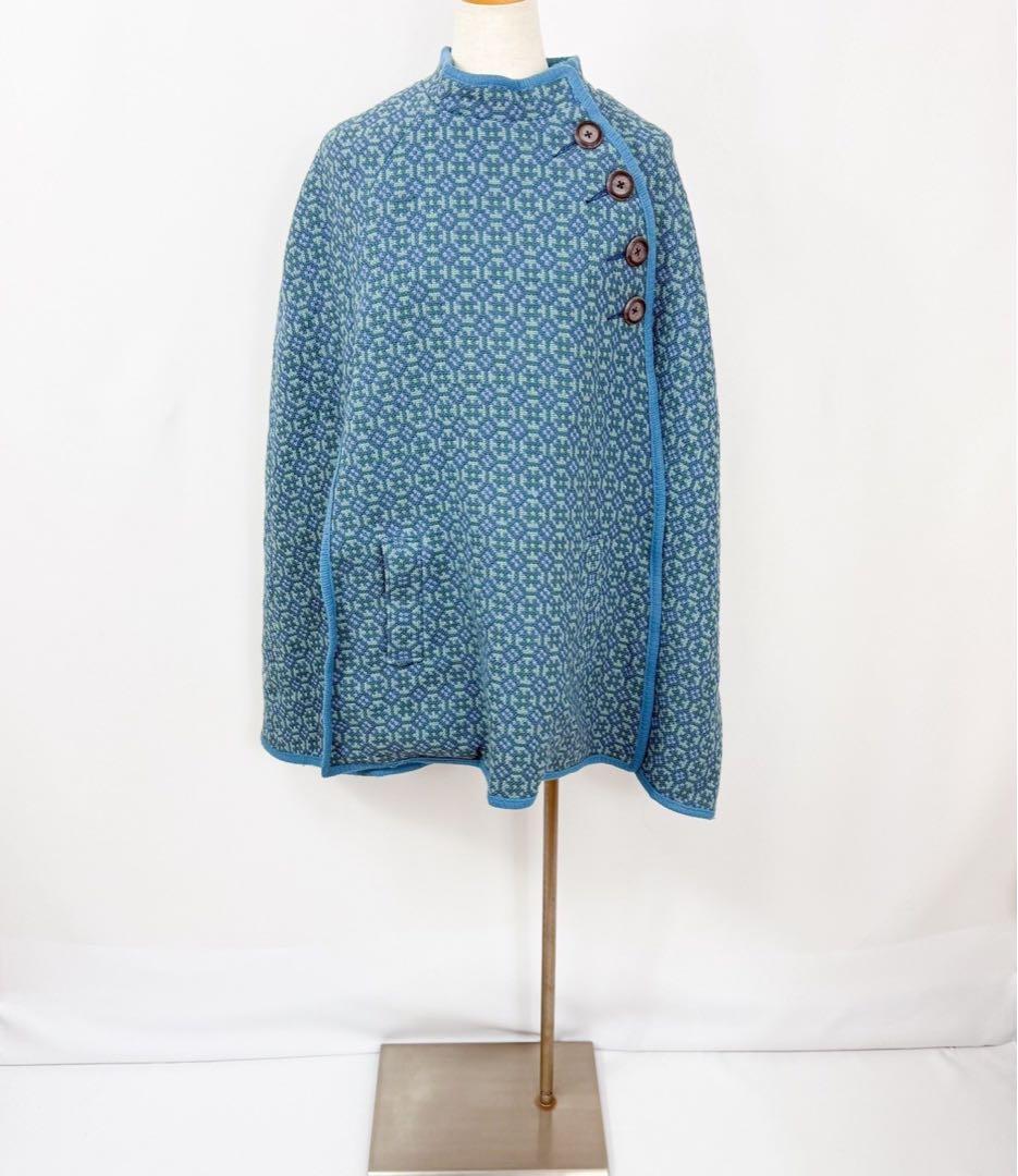 ヴィンテージ アシンメトリー 総柄 ウール ケープコート ポンチョ S749b