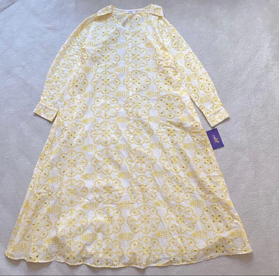 新品✨OBLI イエローレースワンピース　オブリ　コットンレース　インナー付き
