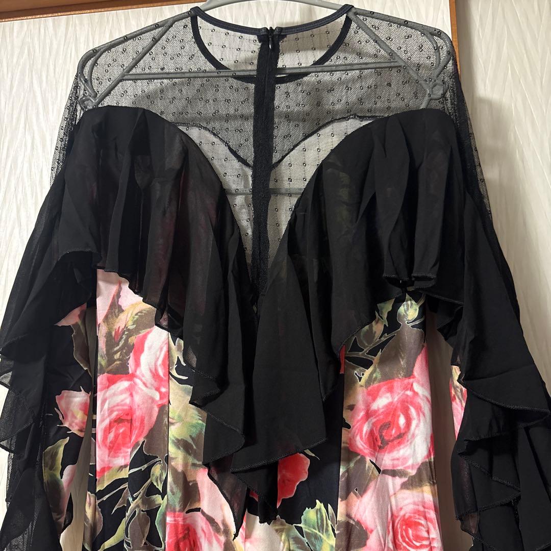 社交ダンス　今期新作　パーティードレス　黒プリント　新品