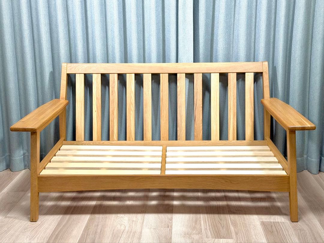 天然木フレームのツイード調ファブリック 2人掛けソファ