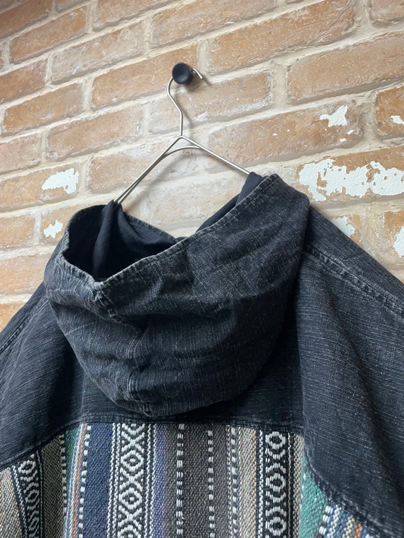 ポンチョ　パーカー　メキシカンパーカー　総柄　サラッペ　黒　古着　民族