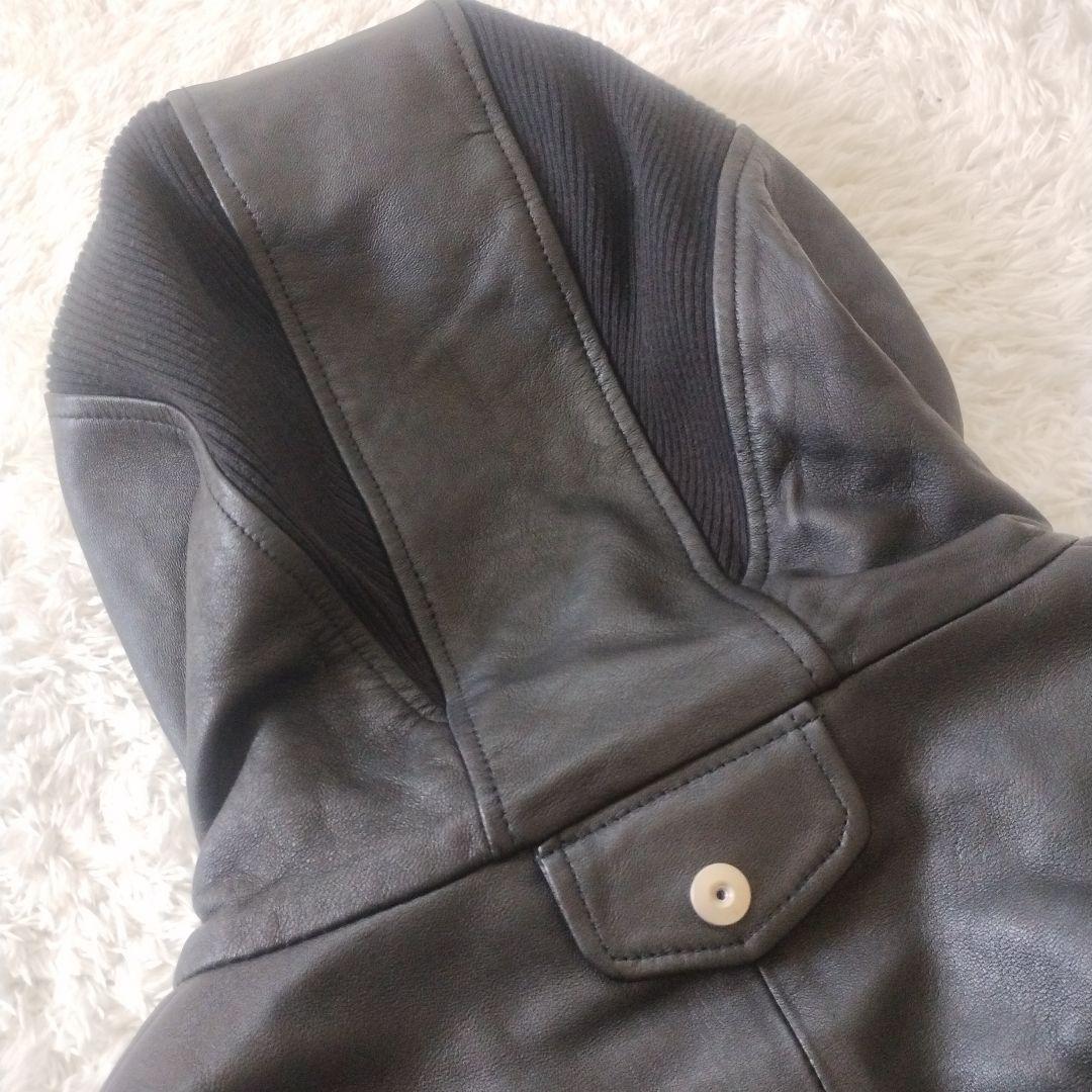 美品✨NO ID.　ラムバフィングフーデッドBLZ　レザージャケット　M　黒