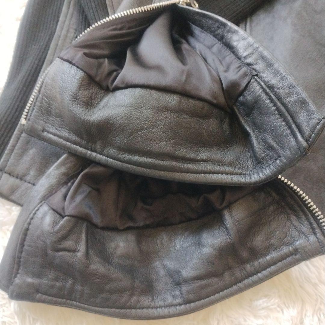 美品✨NO ID.　ラムバフィングフーデッドBLZ　レザージャケット　M　黒