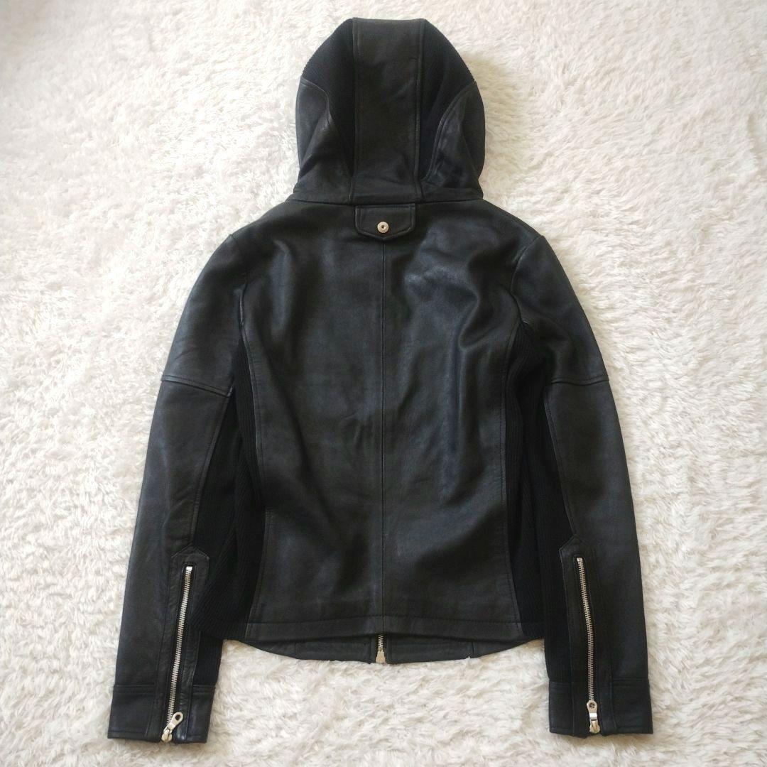 美品✨NO ID.　ラムバフィングフーデッドBLZ　レザージャケット　M　黒