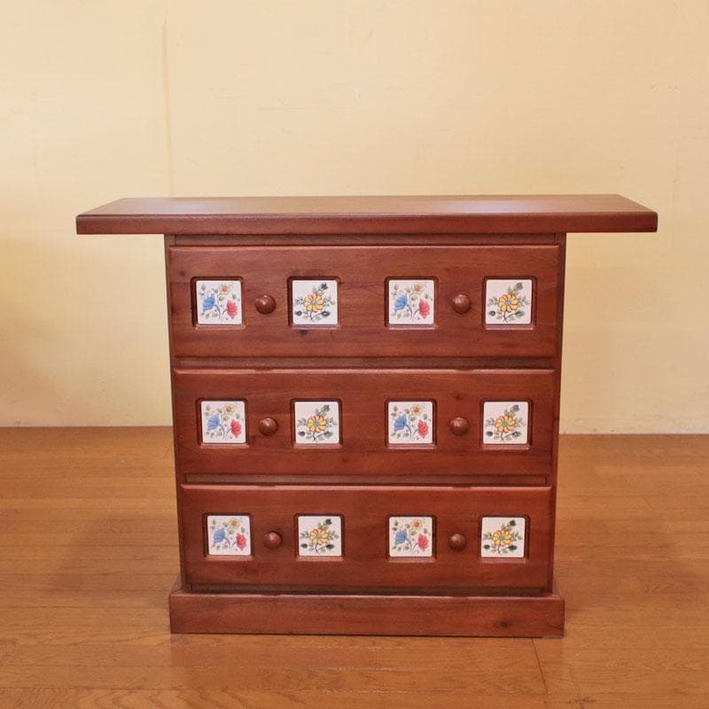 3段チェスト タイル 花柄 収納 ナチュラル 収納家具 602-1112