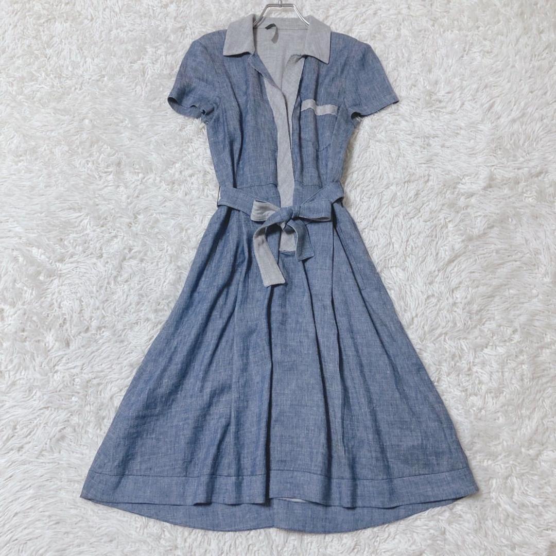 マレーラ　シャツワンピース　ウエストリボン　フェミニン　カジュアル　ブルー　42