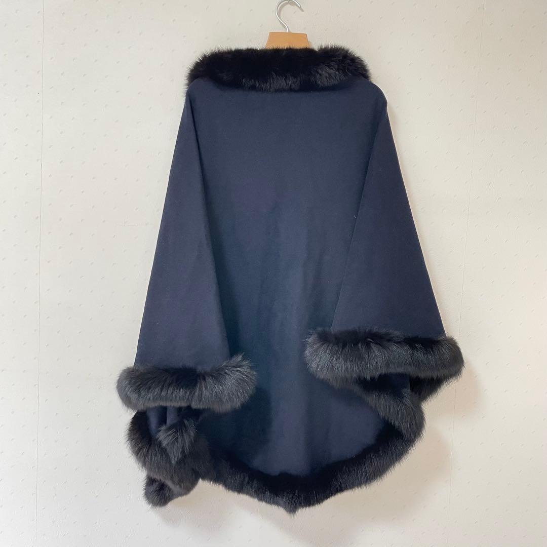 Riccardo Prisco ピュア カシミヤ ネイビー ファー付き ポンチョ
