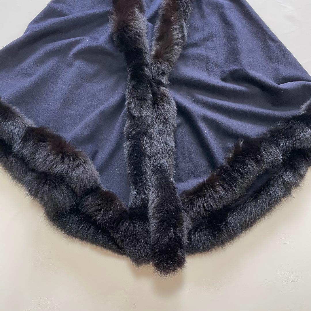 Riccardo Prisco ピュア カシミヤ ネイビー ファー付き ポンチョ
