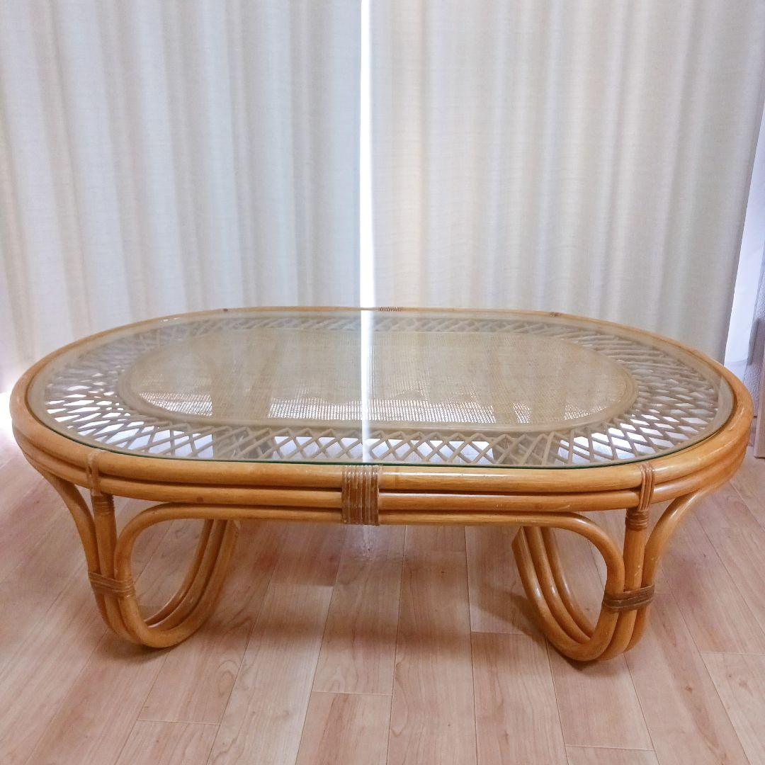 昭和レトロ ラタン ガラス天板 センターテーブル ローテーブル　ヴィンテージ　籐