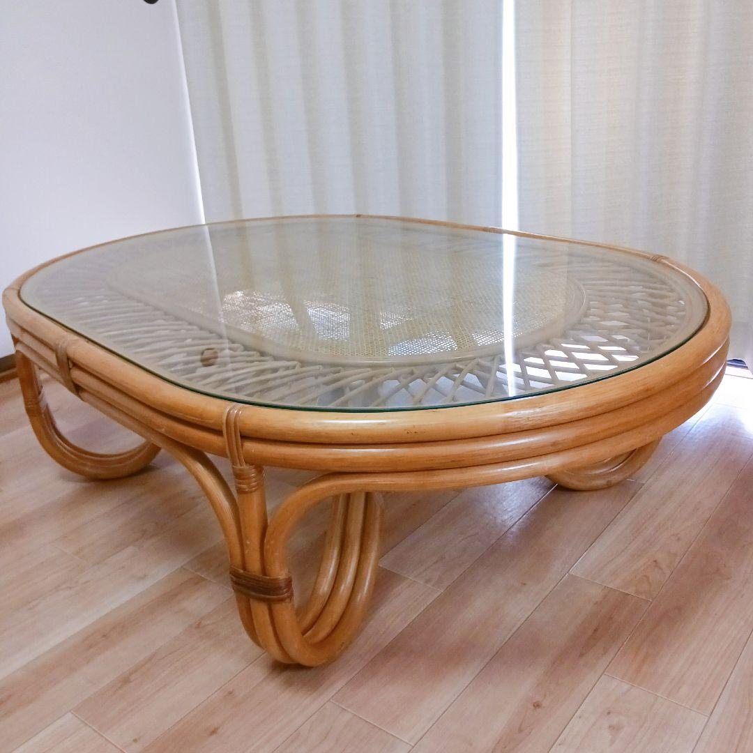 昭和レトロ ラタン ガラス天板 センターテーブル ローテーブル　ヴィンテージ　籐