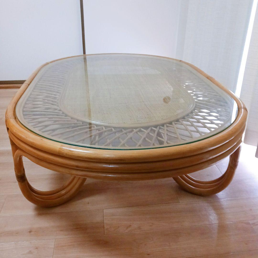 昭和レトロ ラタン ガラス天板 センターテーブル ローテーブル　ヴィンテージ　籐