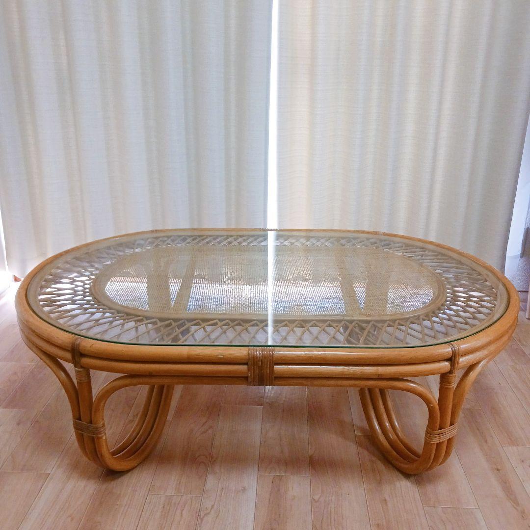 昭和レトロ ラタン ガラス天板 センターテーブル ローテーブル　ヴィンテージ　籐