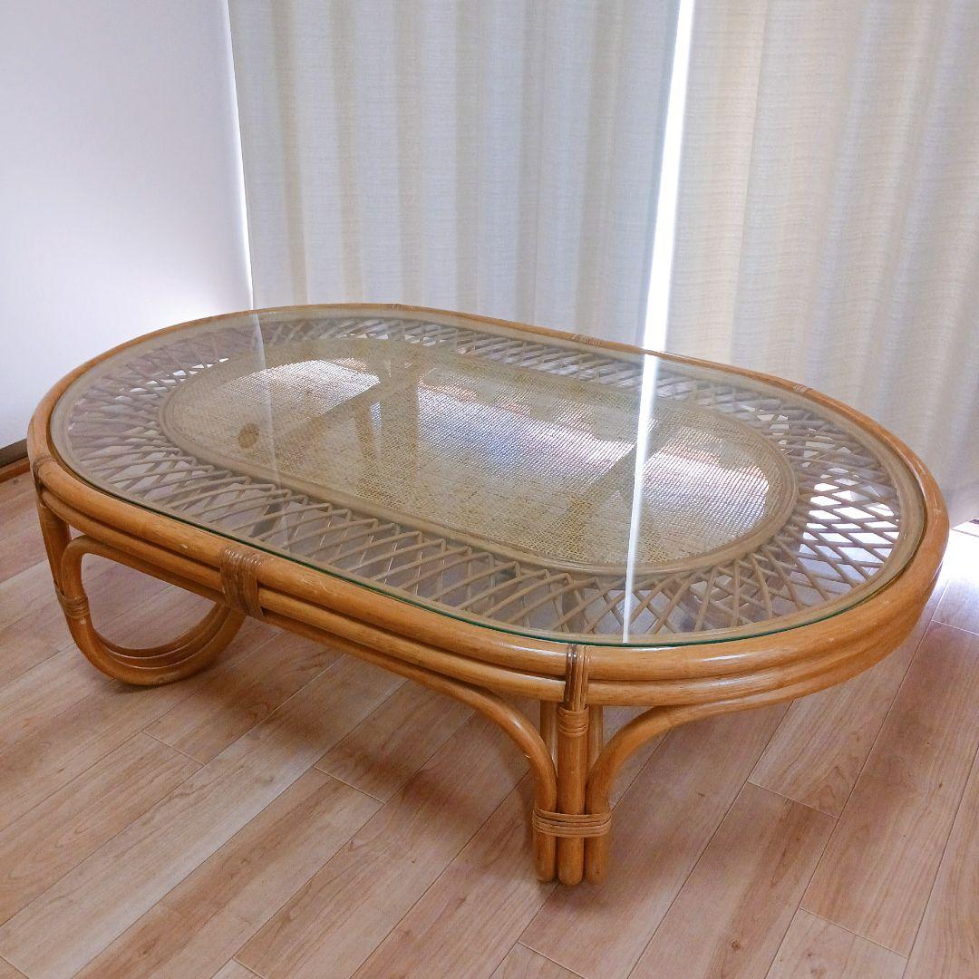昭和レトロ ラタン ガラス天板 センターテーブル ローテーブル　ヴィンテージ　籐