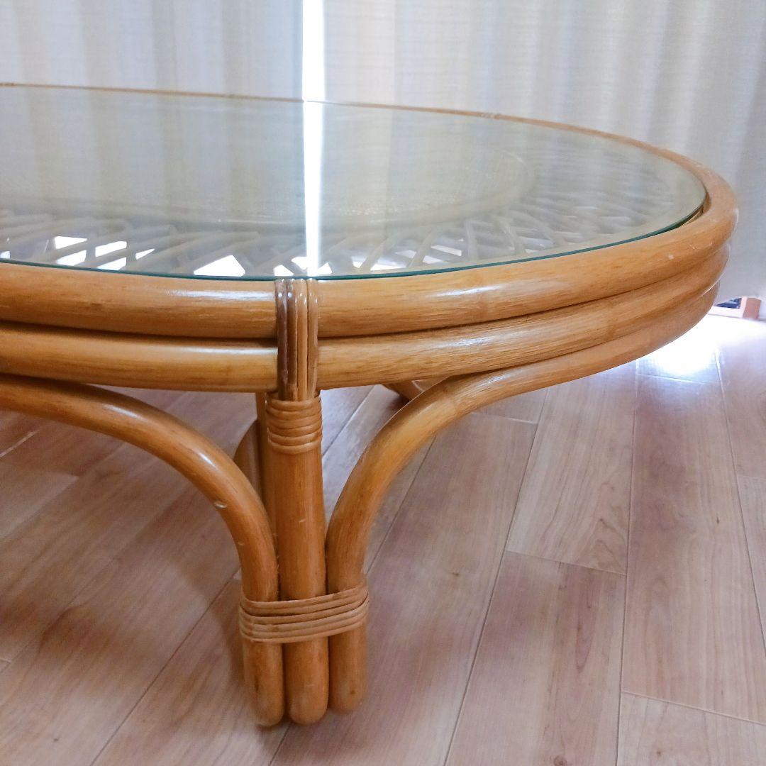 昭和レトロ ラタン ガラス天板 センターテーブル ローテーブル　ヴィンテージ　籐