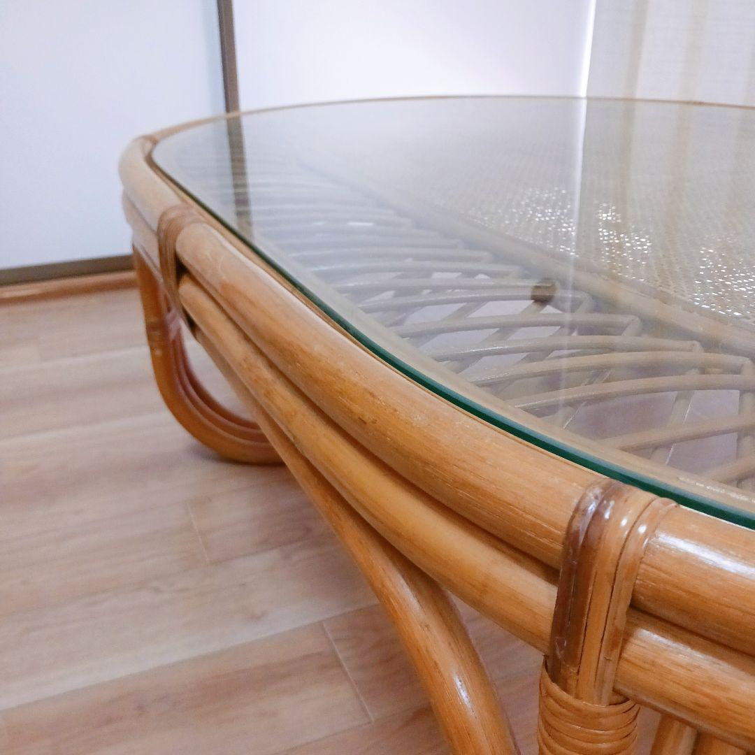 昭和レトロ ラタン ガラス天板 センターテーブル ローテーブル　ヴィンテージ　籐