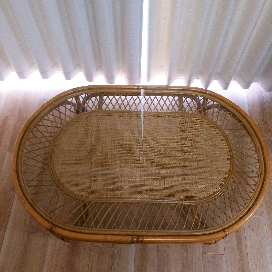 昭和レトロ ラタン ガラス天板 センターテーブル ローテーブル　ヴィンテージ　籐