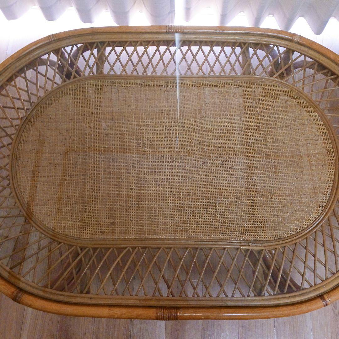昭和レトロ ラタン ガラス天板 センターテーブル ローテーブル　ヴィンテージ　籐