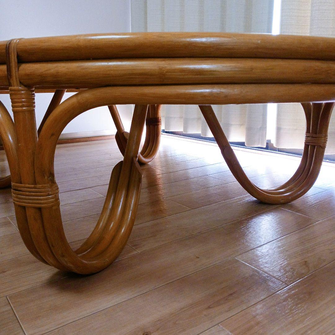 昭和レトロ ラタン ガラス天板 センターテーブル ローテーブル　ヴィンテージ　籐