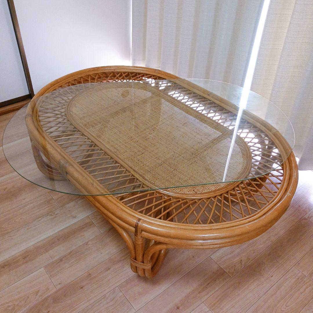 昭和レトロ ラタン ガラス天板 センターテーブル ローテーブル　ヴィンテージ　籐