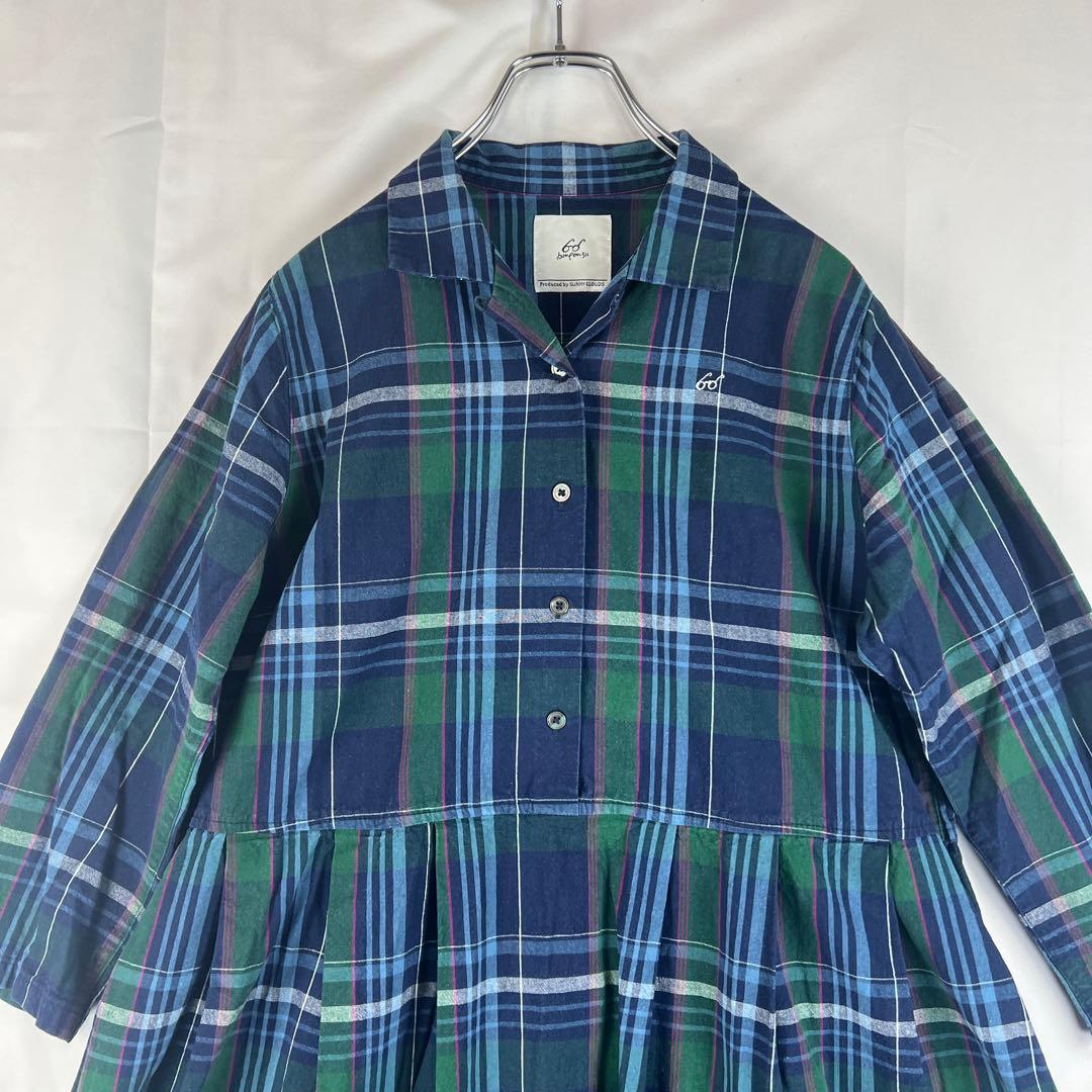 サニークラウズ pon コラボ タータンチェック ワンピース L 綿100％ 青