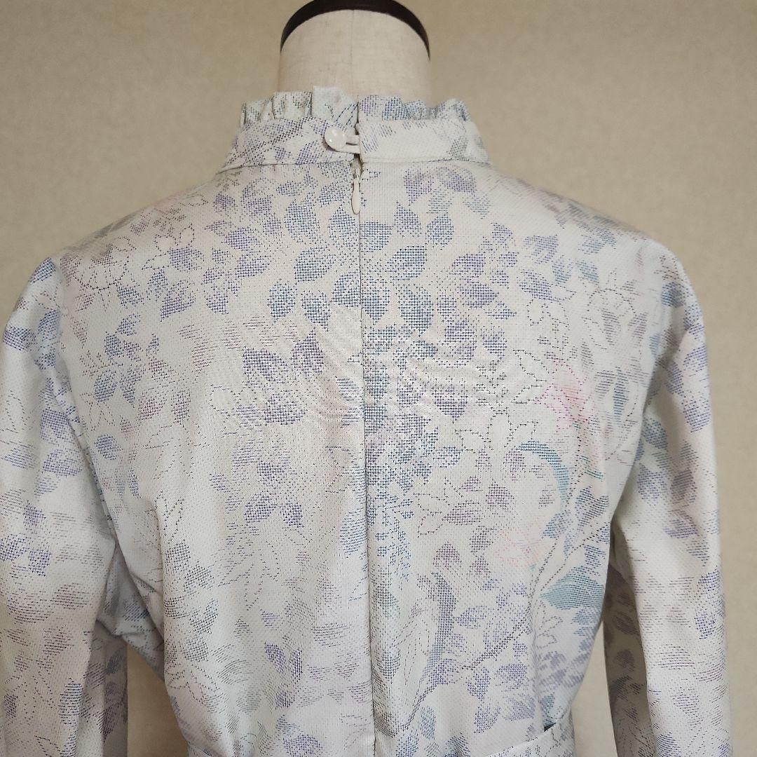 フリルスタンドカラーのワンピース　ゆったり　ピンタック　白大島紬　着物リメイク