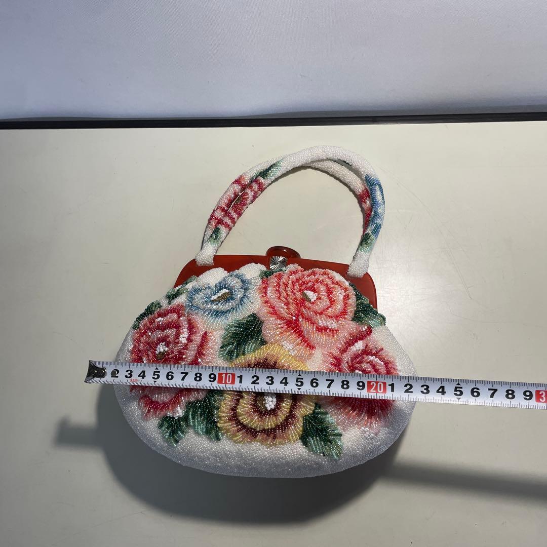総ビーズバッグ　和装バッグ　花柄立体がま口　昭和レトロ