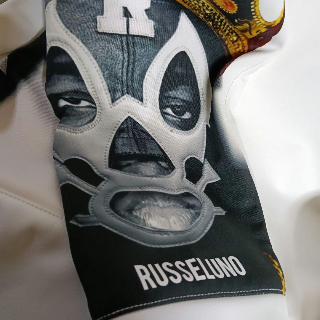 ラッセルノ 裏起毛ハイネックトレーナー 白×黒 袖ルチャマスク／SIZE:4