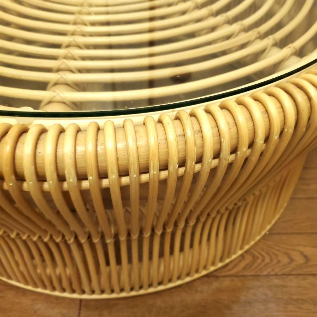 KANADEMONO ラタン 円形ローテーブル サイドテーブル ガラス板付き