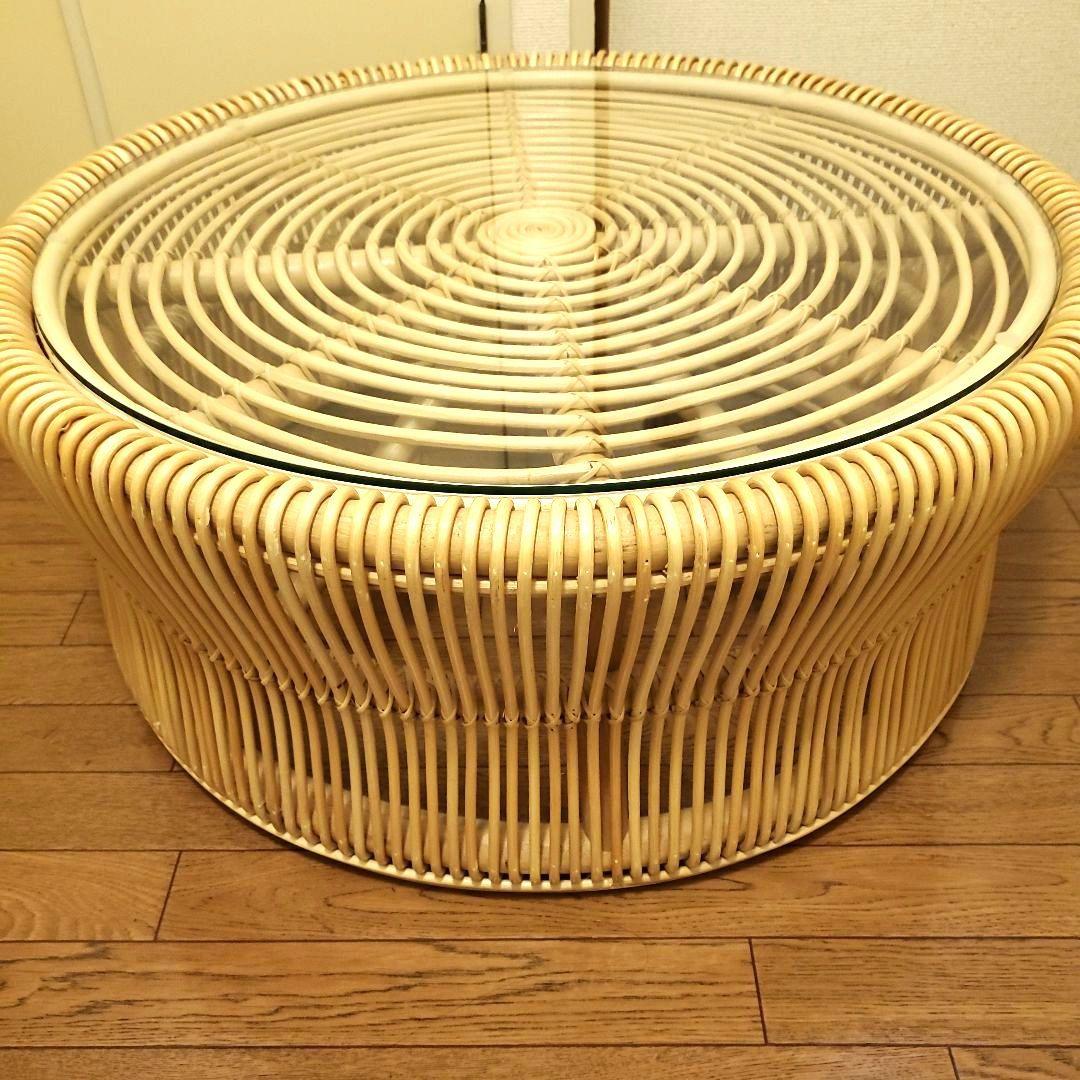 KANADEMONO ラタン 円形ローテーブル サイドテーブル ガラス板付き
