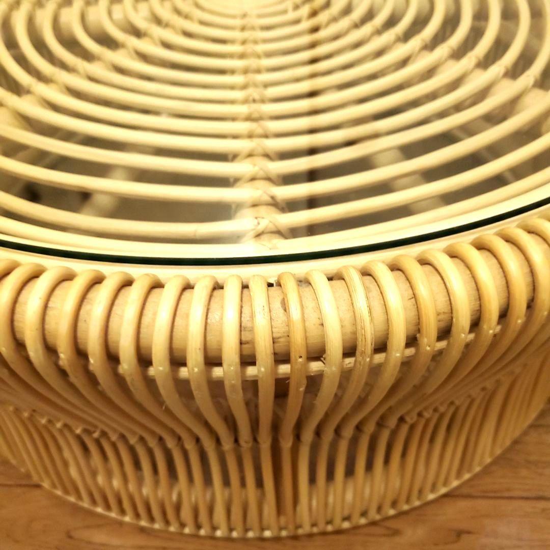 KANADEMONO ラタン 円形ローテーブル サイドテーブル ガラス板付き