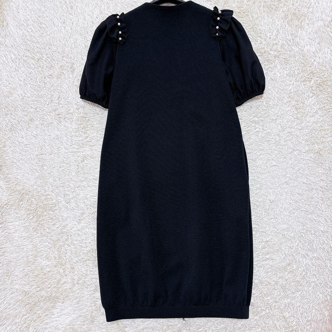 美品✨ルネ 2022 パフスリーブ ニットワンピース フリルパール装飾 34 黒
