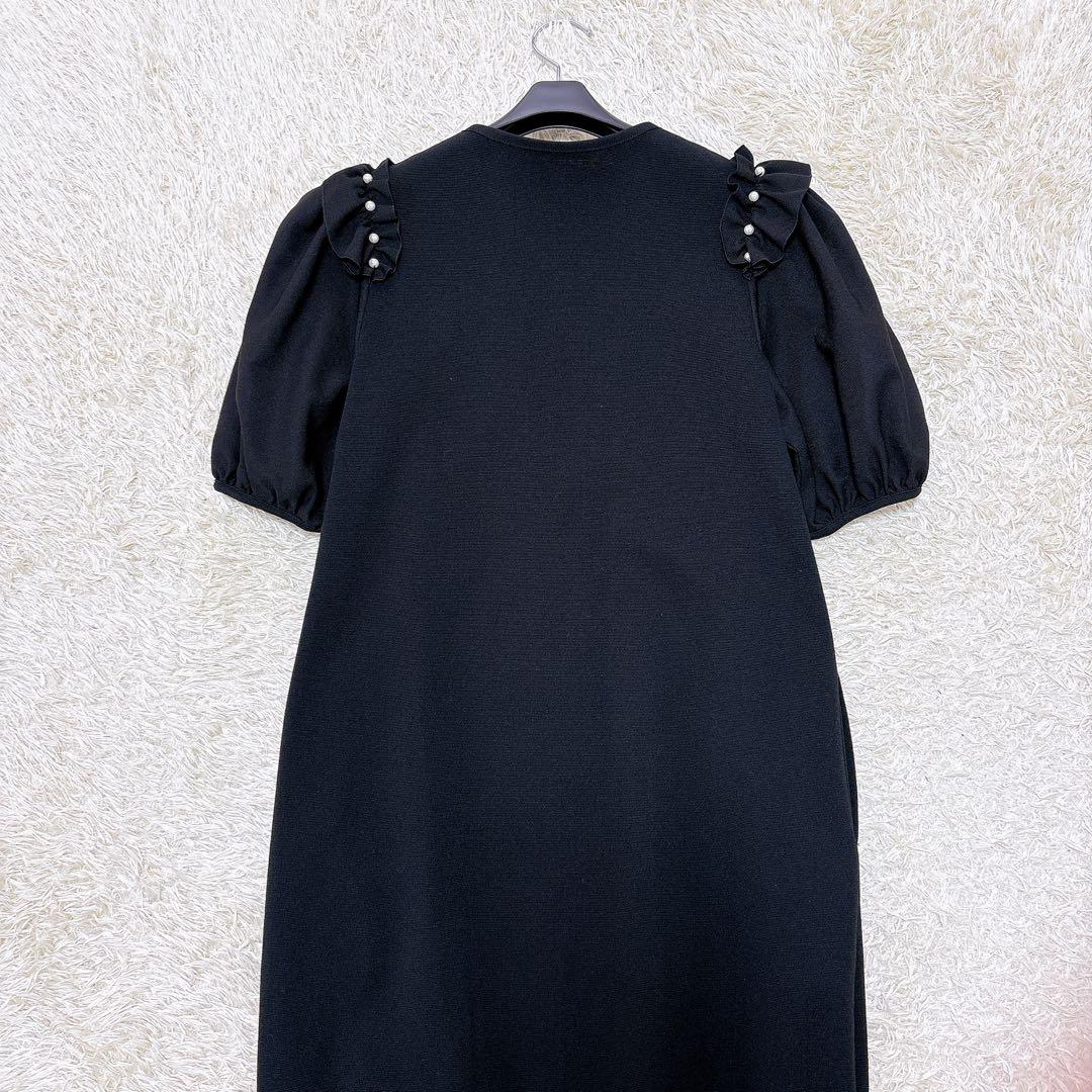 美品✨ルネ 2022 パフスリーブ ニットワンピース フリルパール装飾 34 黒
