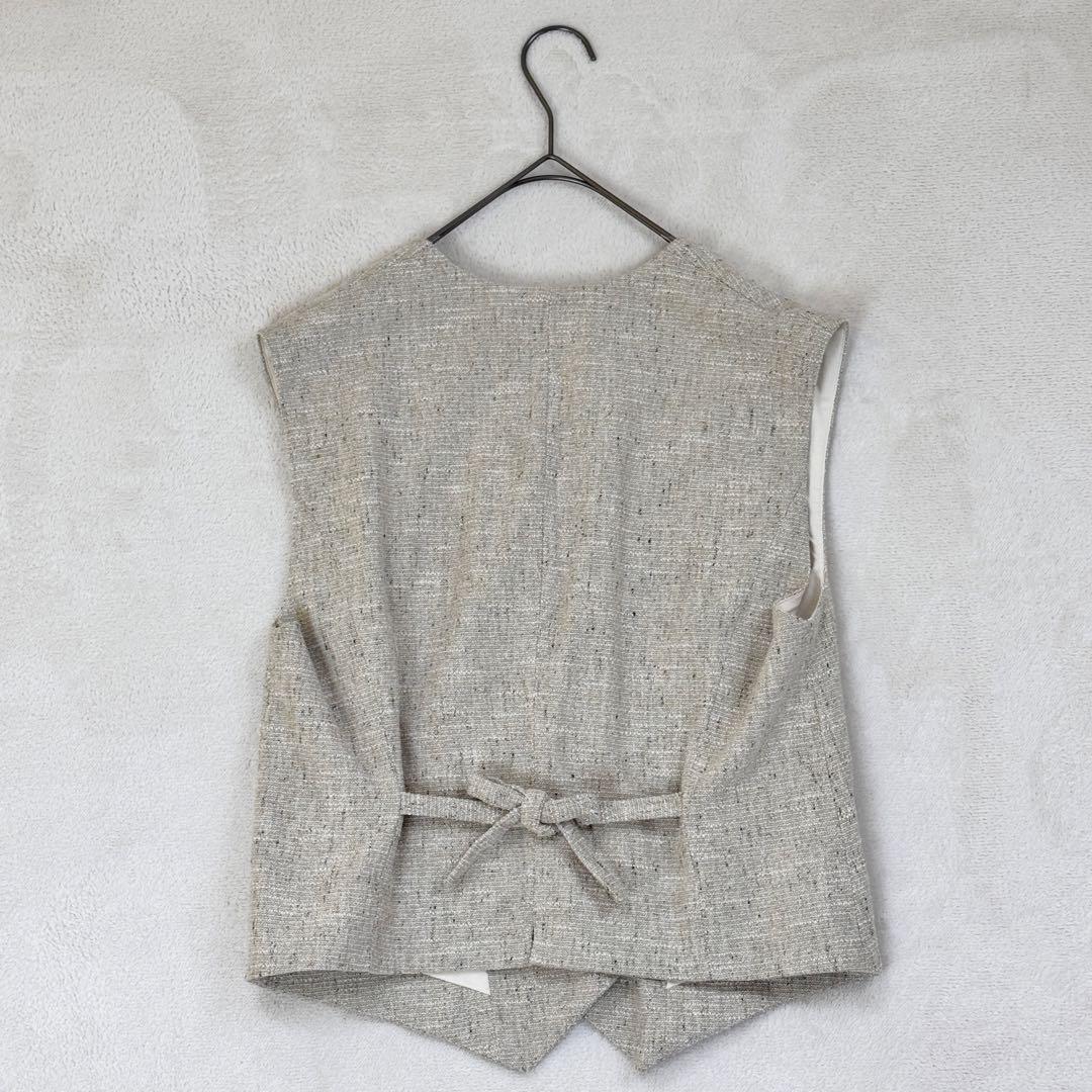 IENAイエナ　ツイードテーラードベスト　ノースリーブ　リボン　ベージュ